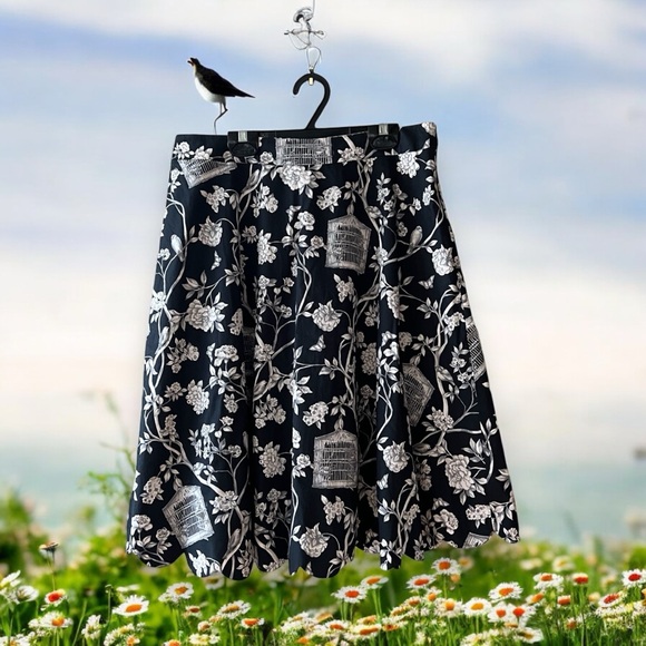 Talbots Black/Grey/White Bird Cages/Floral/Branches Print A-Line Skirt - Picture 6 of 14